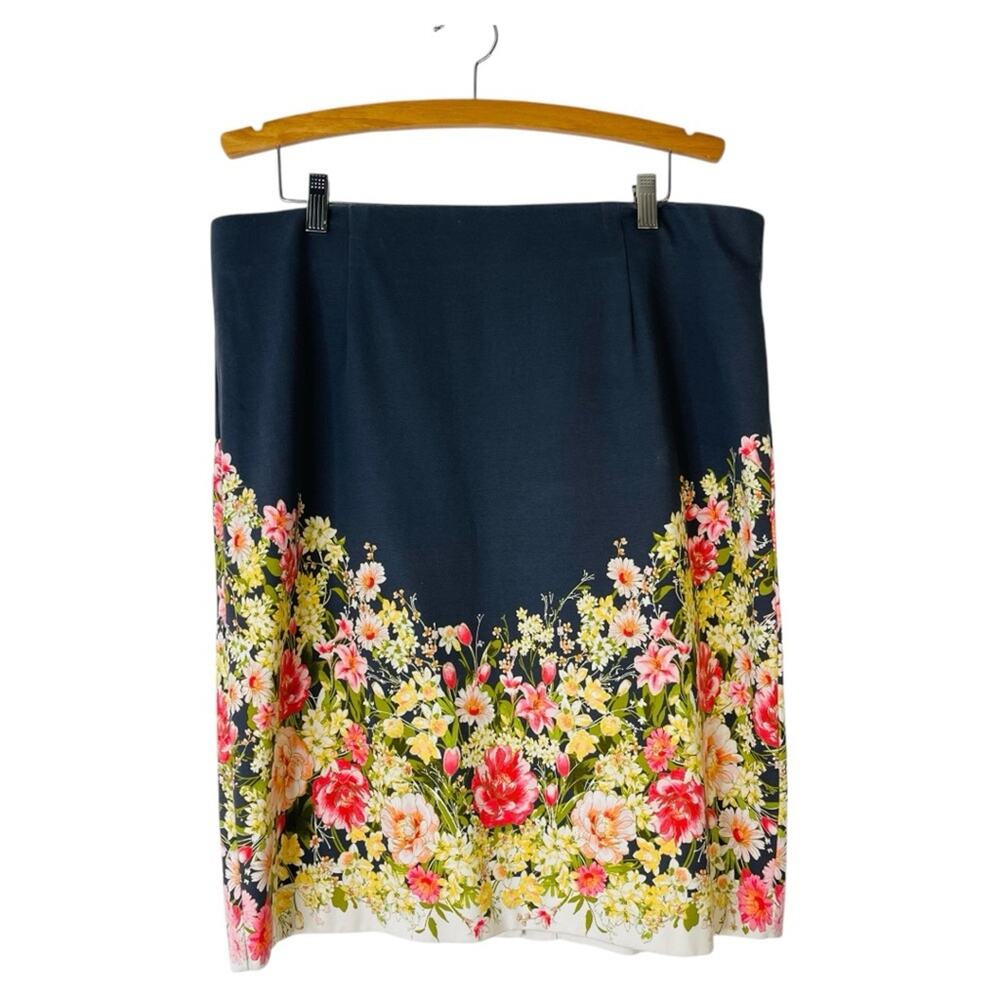 J Jill grey white pink floral stretch preppy cottagecore office midi skirt XLP